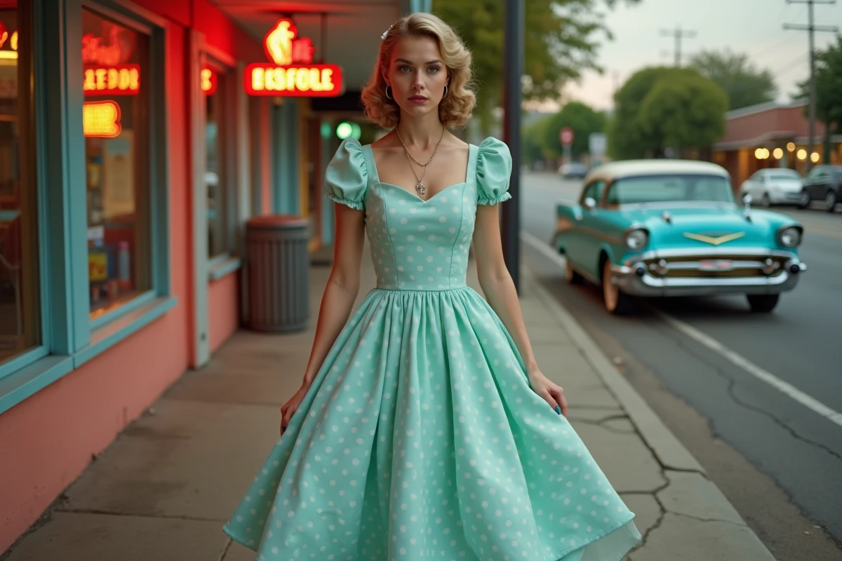 Femme en robe à crinoline des années 1950 devant un diner américain vintage avec une Chevrolet Bel Air