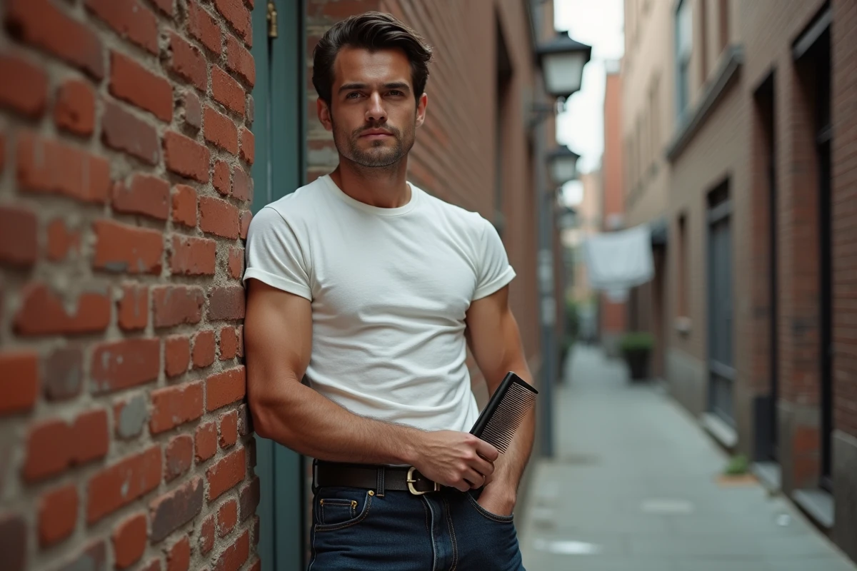 Homme en tenue greaser des années 1950 avec blouson en cuir et jean taille haute dans une ruelle urbaine