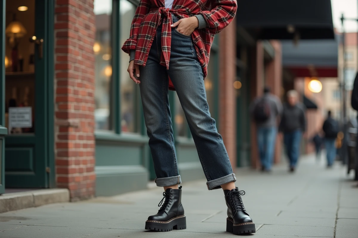Jeune femme portant une tenue grunge emblématique des années 1995 avec jean taille haute, chemise flanelle à carreaux et bottines plateformes noires dans une rue urbaine