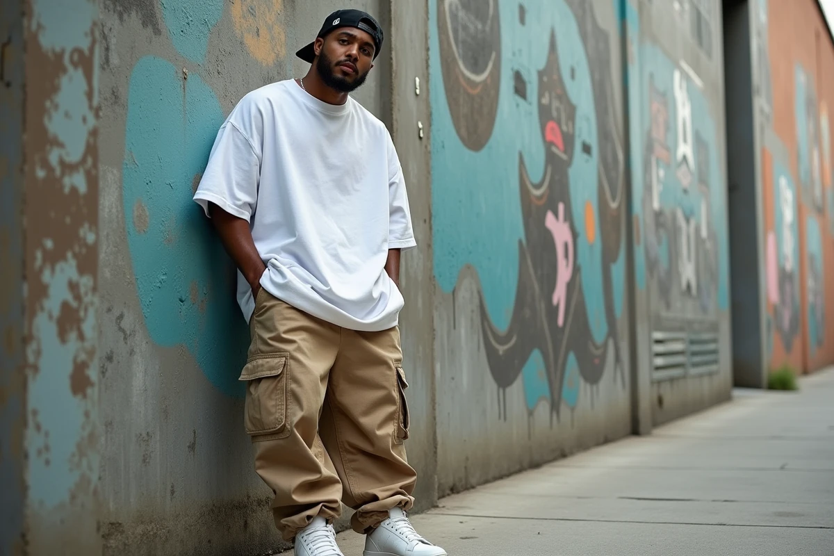 Jeune homme en tenue streetwear hip-hop des années 90 avec jean baggy, T-shirt oversize blanc et casquette snapback retournée appuyé contre un mur de tags urbains