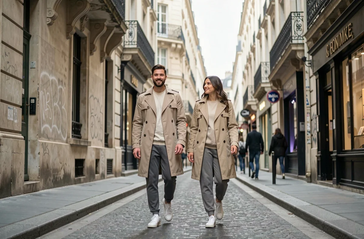 Deux amis en vêtements unisexes neutres marchant dans une ruelle parisienne bordée de façades haussmanniennes et de boutiques indépendantes