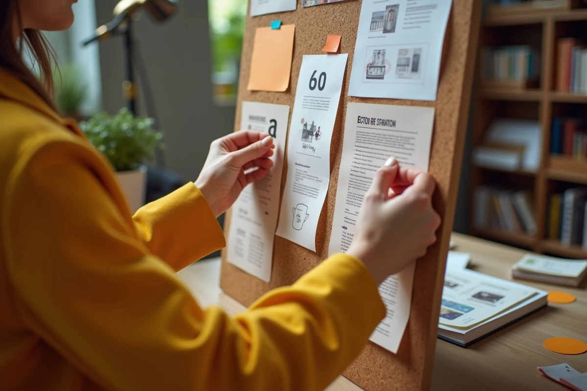 Mains d'une designer assemblant un moodboard avec des éléments graphiques, industriels et UX dans un studio créatif