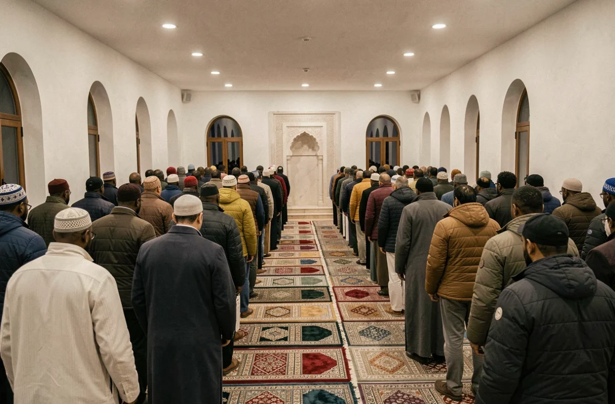 Intérieur d'une mosquée à Montpellier avec des fidèles accomplissant la prière collective en hiver