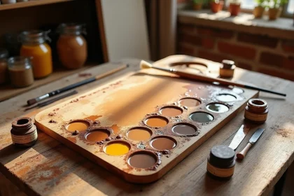 Palette de peinture artistique avec des nuances de marron allant du kaki au chocolat, posée sur une table d'atelier en bois