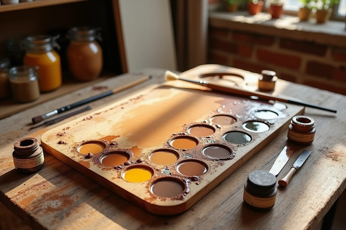 Palette de peinture artistique avec des nuances de marron allant du kaki au chocolat, posée sur une table d'atelier en bois