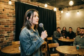 Jeune femme chantant lors d'un open mic dans un bar intimiste du Val-d'Oise, ambiance scène locale authentique
