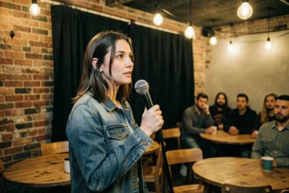 Jeune femme chantant lors d'un open mic dans un bar intimiste du Val-d'Oise, ambiance scène locale authentique