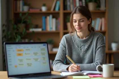 Femme organisant son planning de révisions pour une certification depuis son bureau à domicile