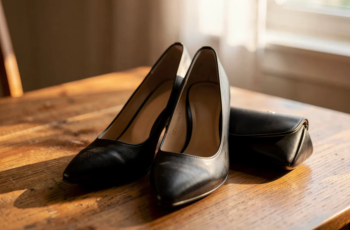 Paire d'escarpins et pochette posées sur une table