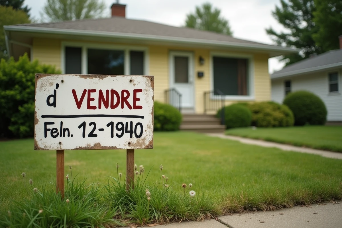 Panneau À Vendre devant un bungalow canadien des années 1970 avec prix historique affiché
