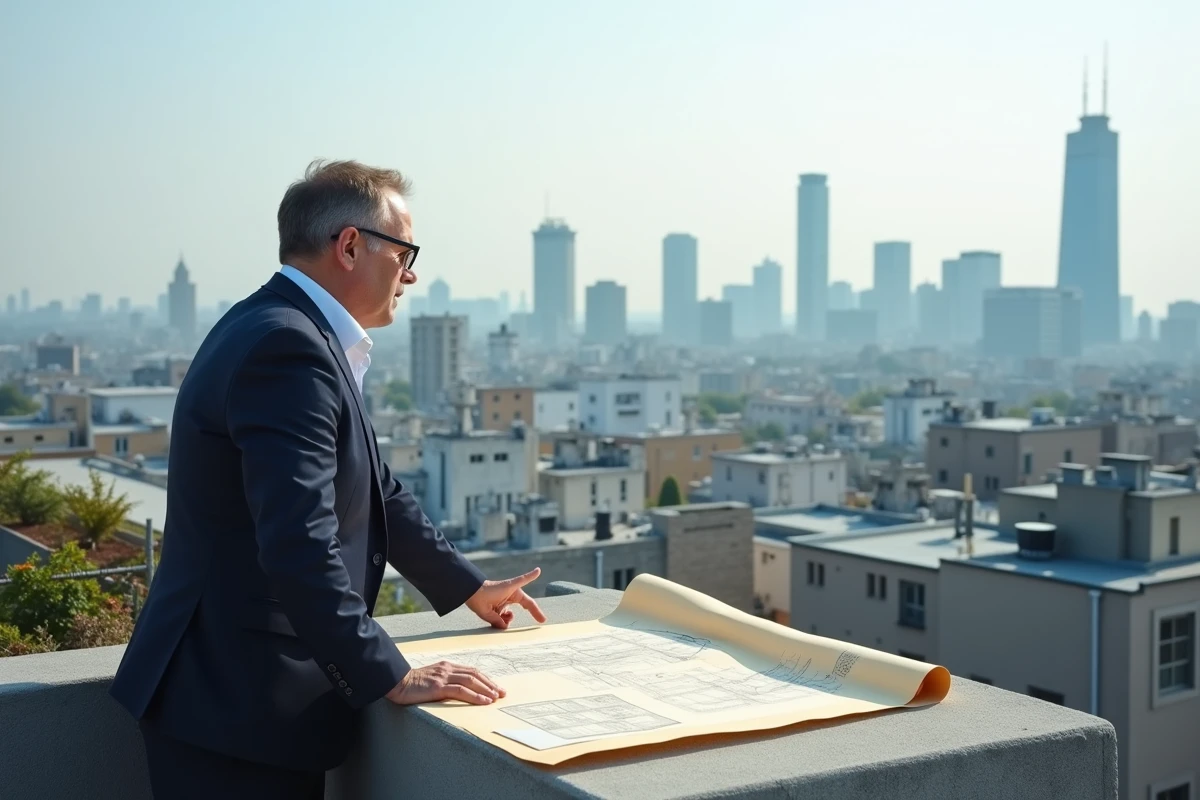 Urbaniste consultant un plan architectural sur une terrasse avec panorama d'une grande métropole classée