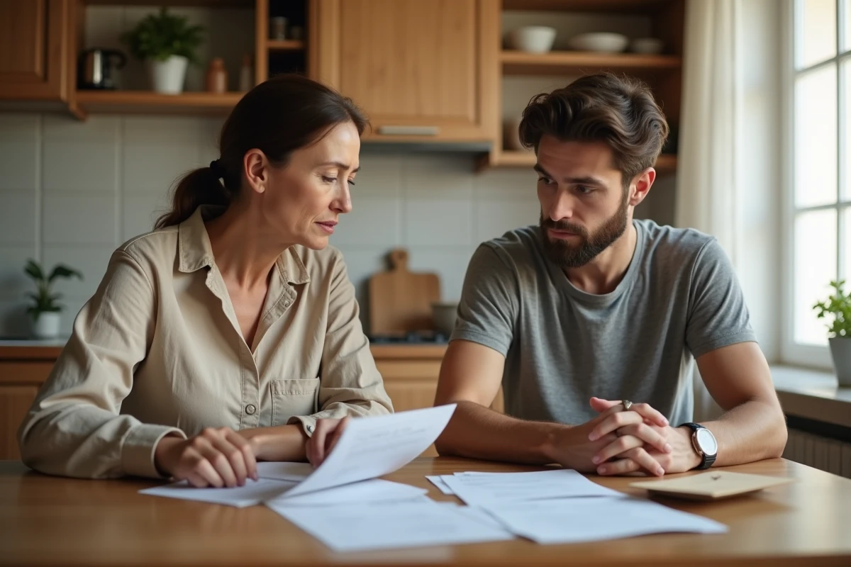 Mère et fils adulte discutant de dettes financières autour d'une table de cuisine avec des factures et un ordinateur portable