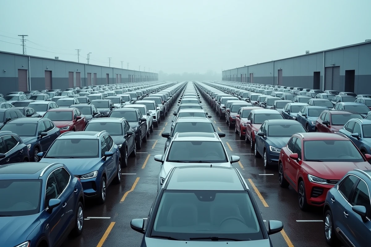 Parking d'usine automobile rempli de véhicules neufs alignés en rangées organisées vus en légère plongée