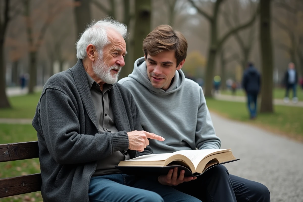 Un homme âgé partageant ses connaissances avec un jeune homme sur un banc de parc