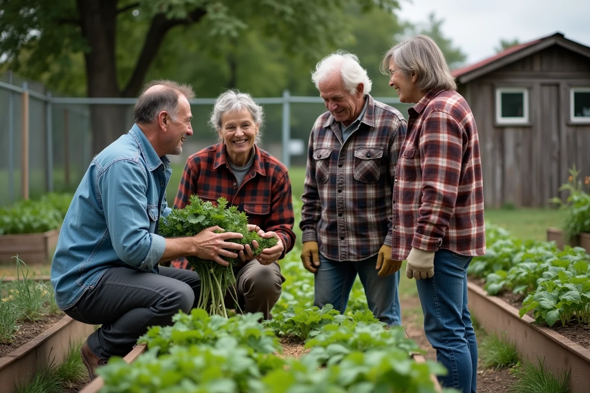 Groupe d'adultes partageant des légumes frais dans un jardin communautaire urbain