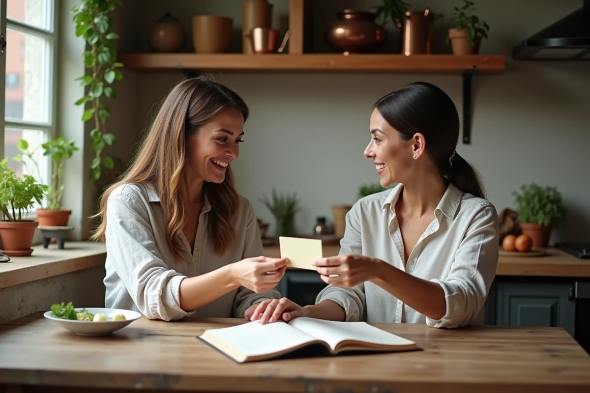 Deux femmes partageant une recette manuscrite dans une cuisine chaleureuse et authentique