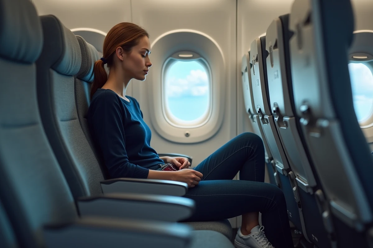 Jeune femme attachant sa ceinture de sécurité dans un siège d'avion en classe économique