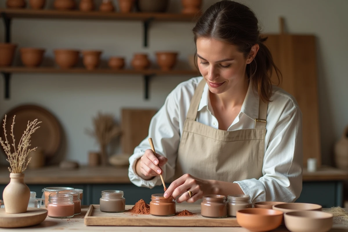 Femme mélangeant une peinture naturelle à base de pigments de terre dans un atelier artisanal