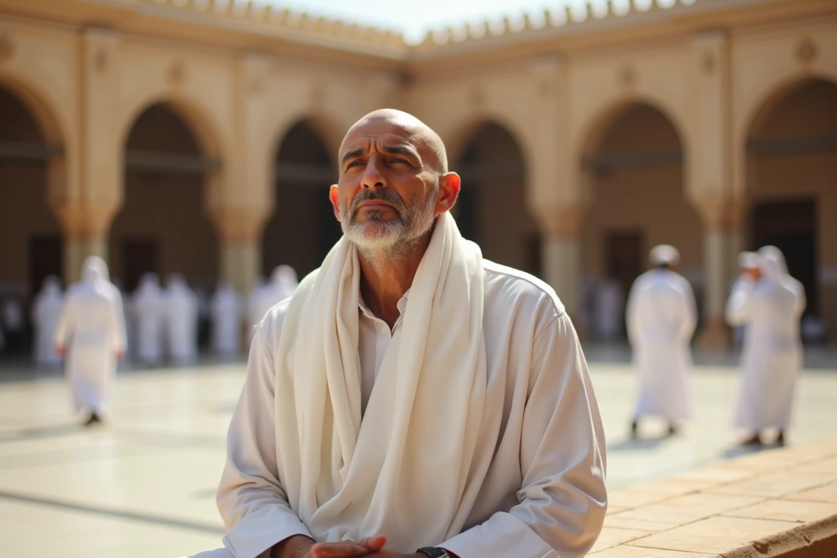Pèlerin en ihram blanc avec la tête rasée assis dans la cour de la Grande Mosquée après la Omra