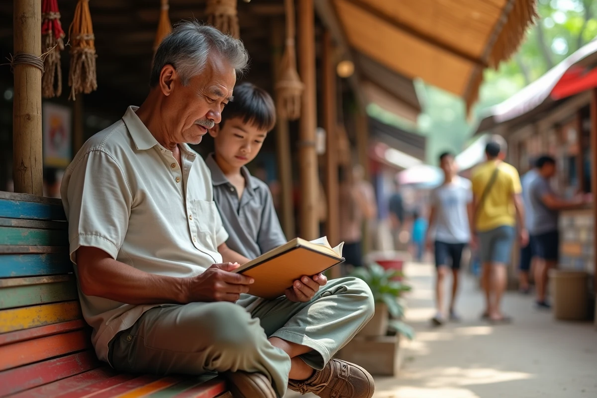 Père consultant un carnet de budget de voyage dans un marché local en Asie du Sud-Est lors d'un tour du monde en famille