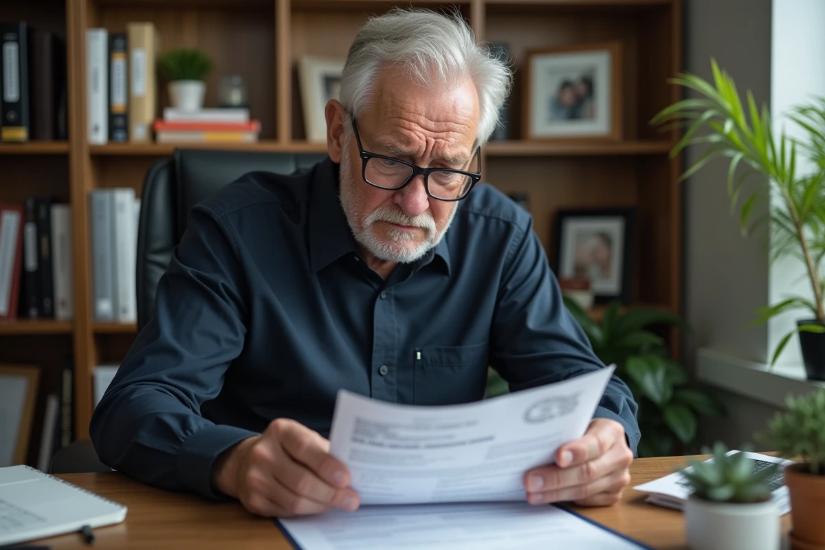 Père de famille examinant des documents financiers officiels liés aux dettes de son enfant majeur dans un bureau à domicile