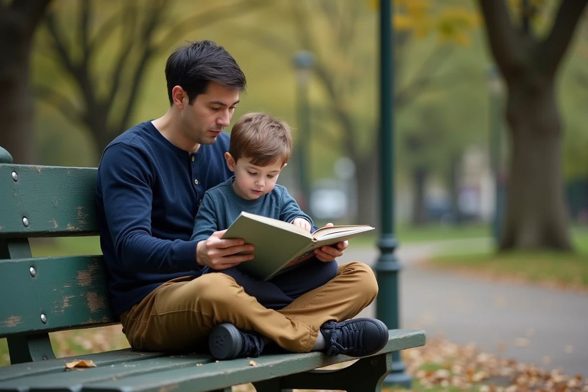 Père et fils lisant ensemble dans un parc en automne, moment d'enseignement parental et de transmission de la curiosité intellectuelle