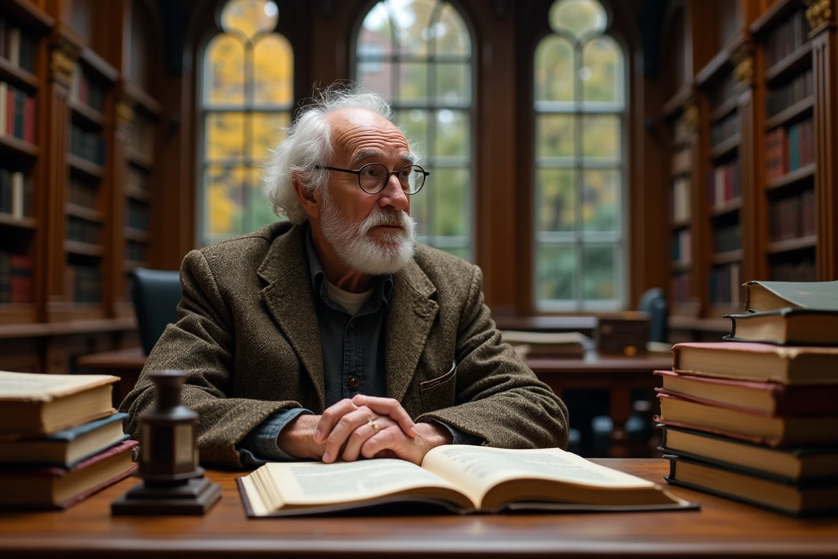 Vieux professeur philosophe assis dans une bibliothèque universitaire classique entouré de livres anciens et de manuscrits