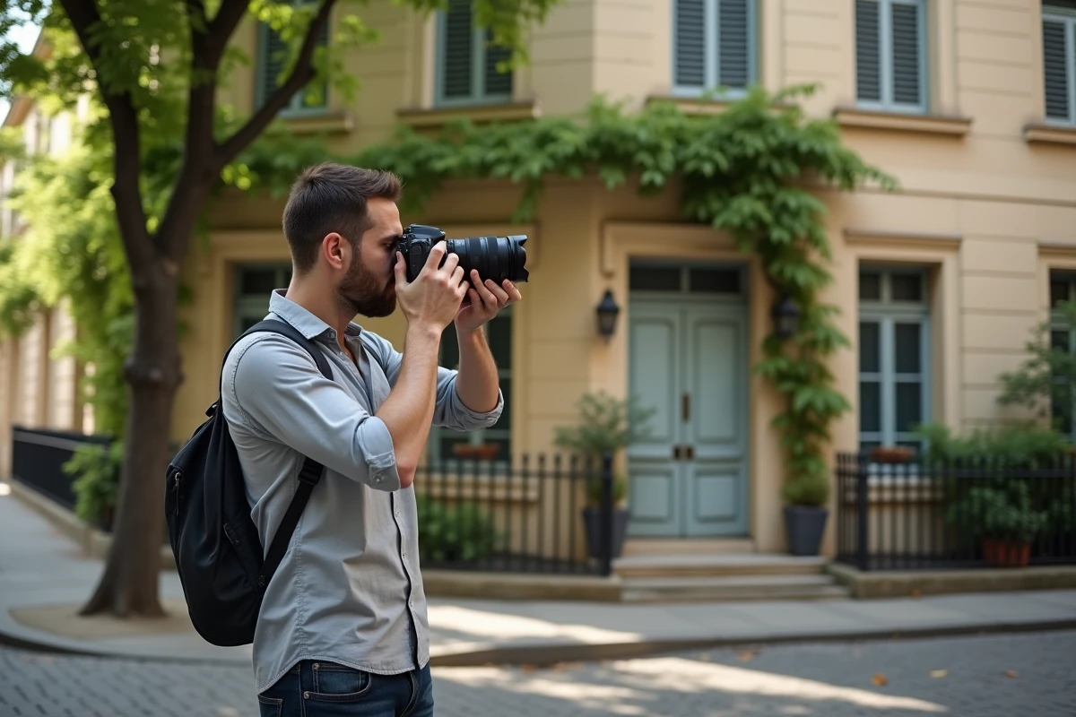 Photographe professionnel cadrant une maison en pierre sur la voie publique dans une rue résidentielle française