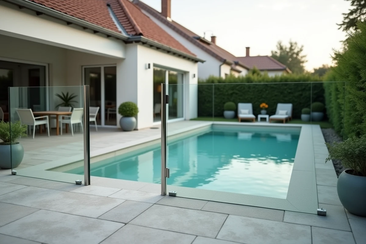 Piscine résidentielle entourée d'une barrière de sécurité en verre conforme à la réglementation française