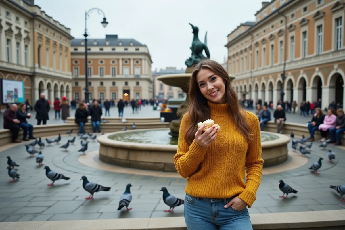 Place publique urbaine animée avec fontaine, mobilier de ville et passants illustrant les caractéristiques d'un espace urbain