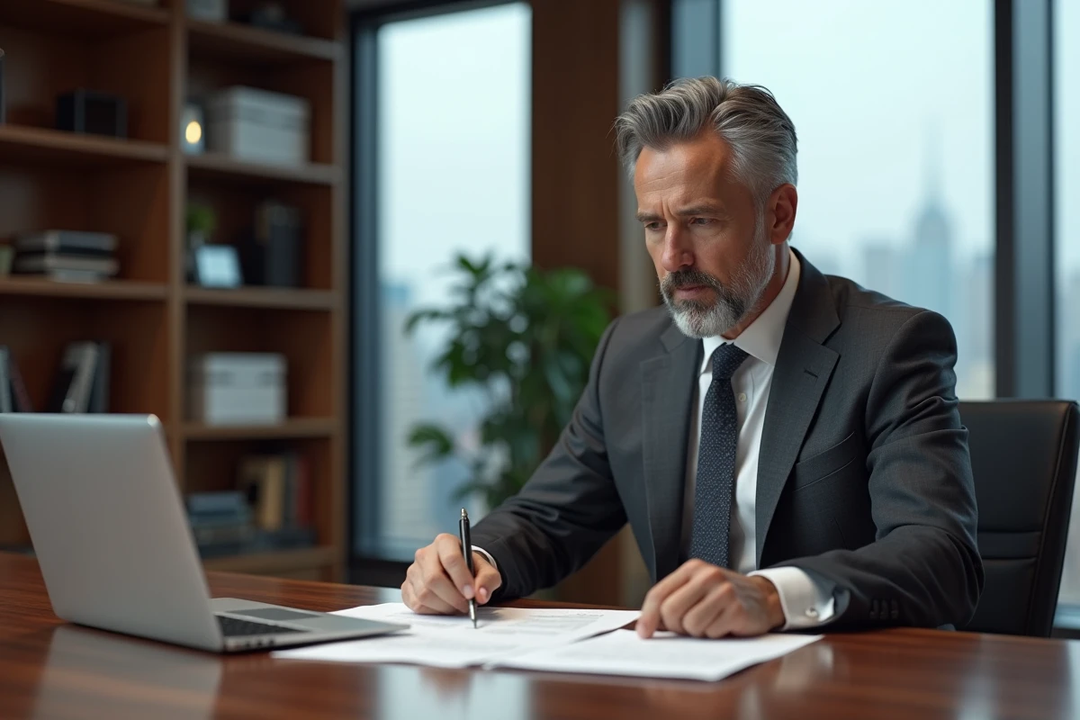 Homme d'affaires fortuné analysant des documents de placement financier dans un bureau privé luxueux avec vue sur la ville