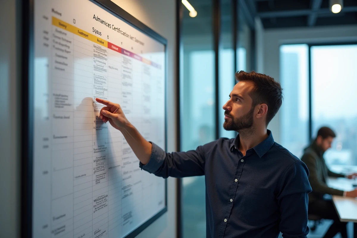 Manager planifiant sa préparation à une certification sur un tableau de bord hebdomadaire au bureau