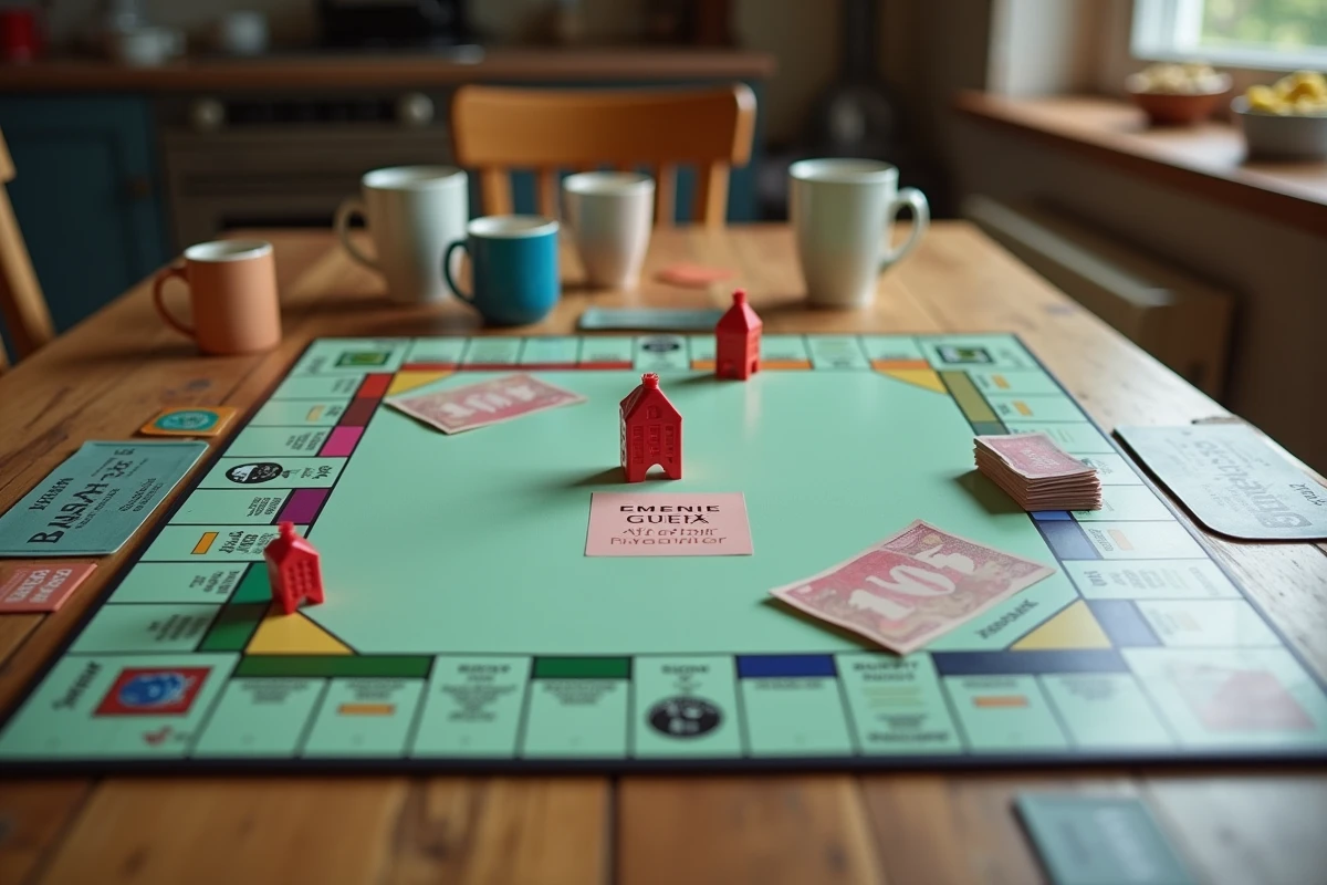 Gros plan détaillé du plateau de jeu Monopoly avec cartes de propriété, billets et hôtels en plastique rouge