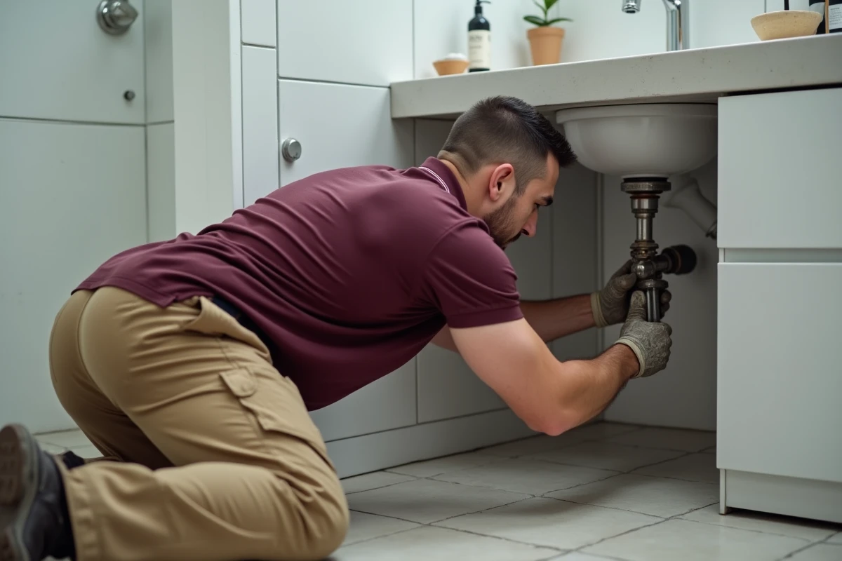 Plombier professionnel installant des tuyaux sous un lavabo dans un appartement résidentiel haut de gamme en cours de rénovation