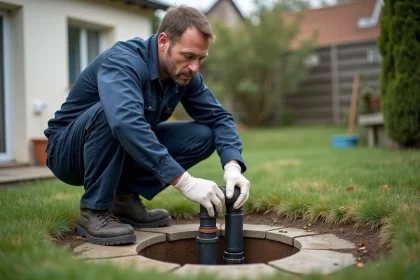 Plombier inspectant la séparation entre réseau d'eaux usées et réseau d'eaux pluviales dans un jardin résidentiel