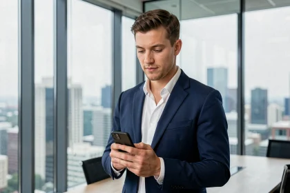 Jeune homme politique en costume marine consultant son smartphone dans une salle de conférence moderne, ambiance communication politique et réseaux sociaux