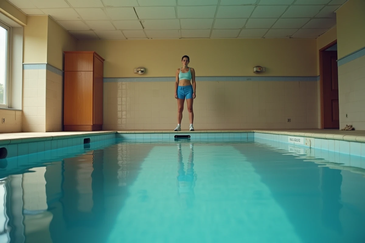 Femme observant avec inquiétude l'eau trouble d'une piscine intérieure privée présentant des dépôts de calcaire et un panier de skimmer bouché