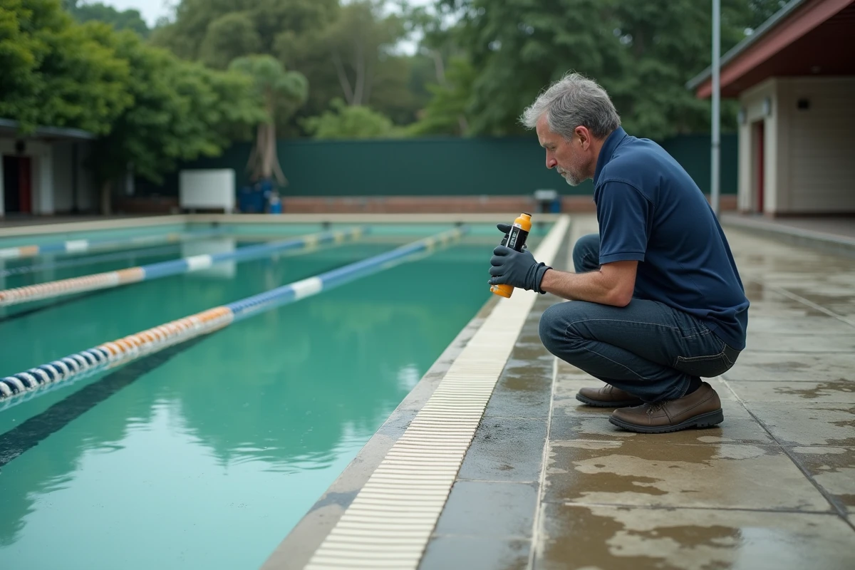 Technicien vérifiant la qualité de l'eau d'une piscine publique extérieure avec eau trouble et dépôts d'algues sur les bords