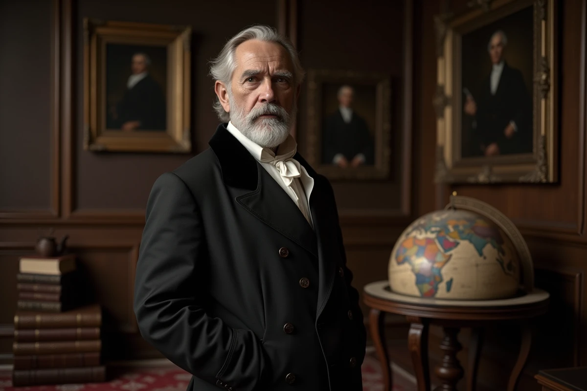 Portrait solennel d'un intellectuel victorien en redingote dans un bureau du XIXe siècle entouré de globes et de livres éducatifs