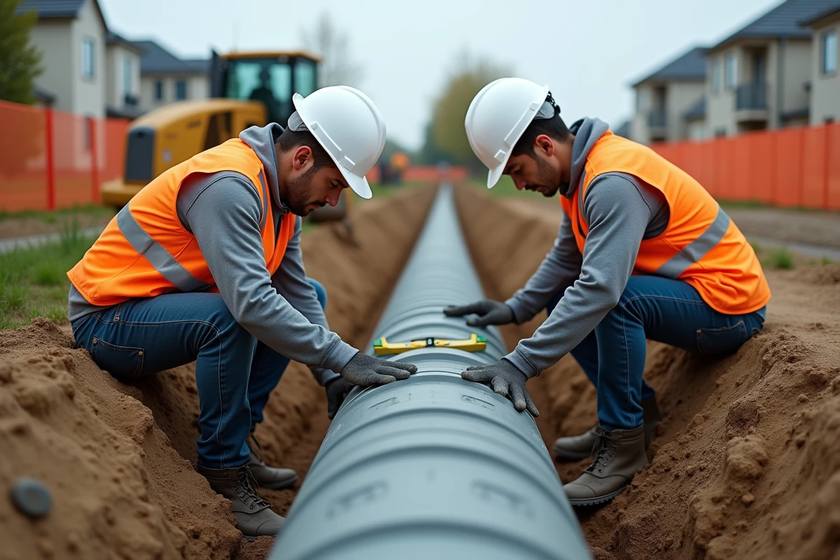 Ouvriers posant des canalisations en PVC dans une tranchée lors de travaux de viabilisation d'un lotissement résidentiel