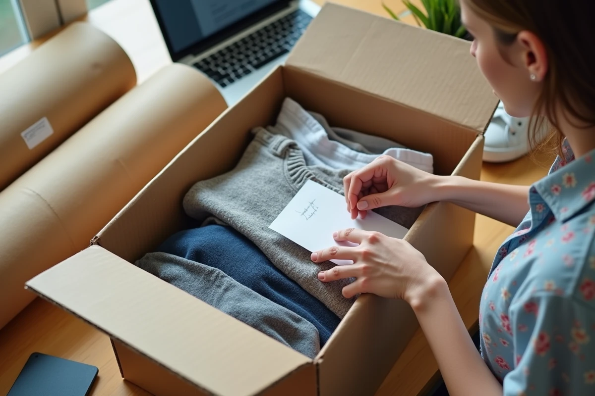Jeune femme préparant des vêtements de seconde main pour l'expédition, revente en ligne d'articles populaires