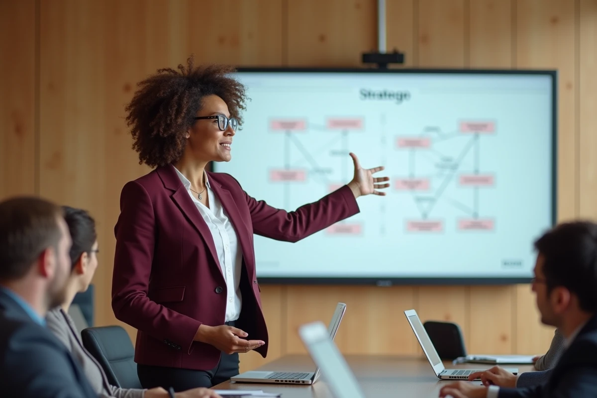 Femme présentant les drivers stratégiques clés devant un tableau blanc interactif en salle de formation