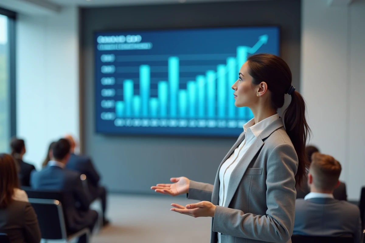 Économiste présentant des indicateurs de croissance du PIB sur un écran lors d'un séminaire professionnel
