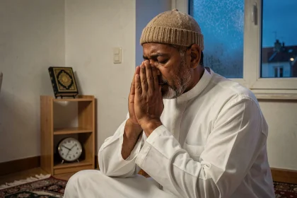 Homme en djellaba effectuant la prière de Fajr à l'aube en hiver dans un appartement de Montpellier