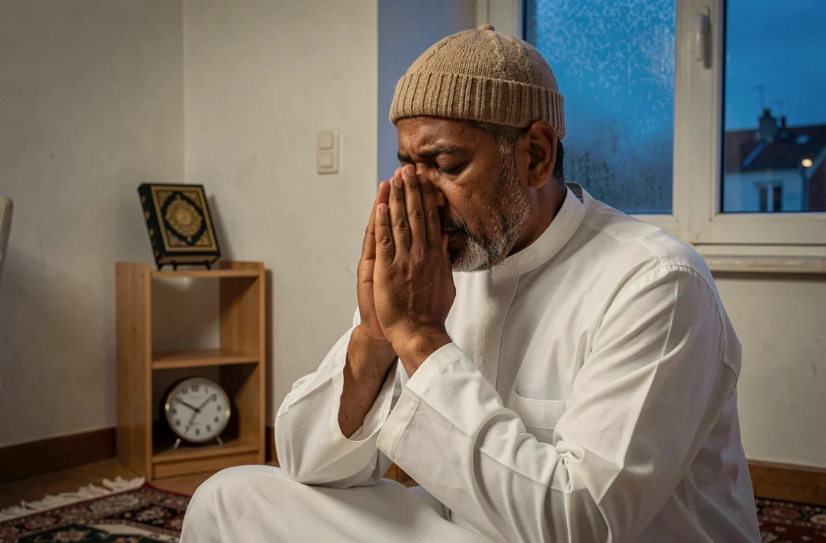 Homme en djellaba effectuant la prière de Fajr à l'aube en hiver dans un appartement de Montpellier