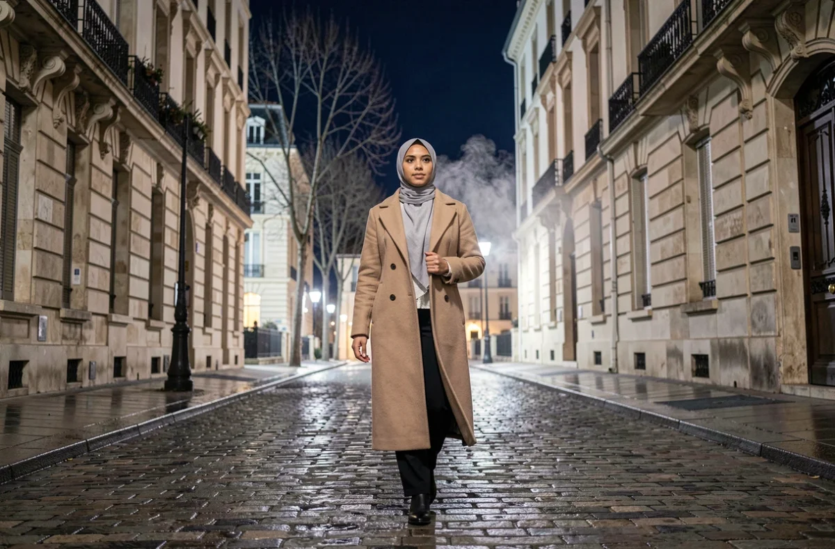Femme en hijab marchant vers une mosquée à Montpellier lors d'une soirée hivernale pour la prière de l'Icha