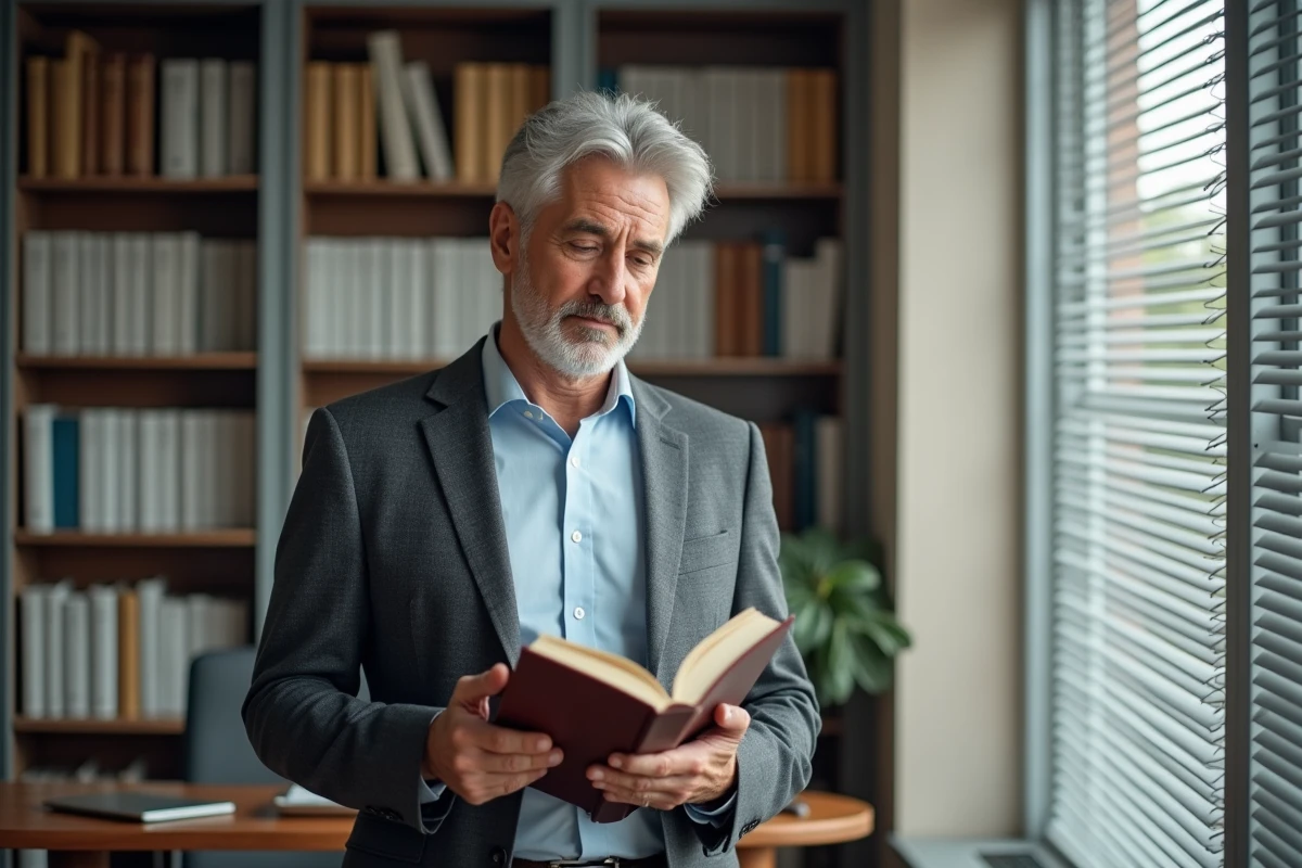 Cadre RH senior tenant un livre sur l'éthique professionnelle dans un bureau moderne avec des étagères de référence en arrière-plan