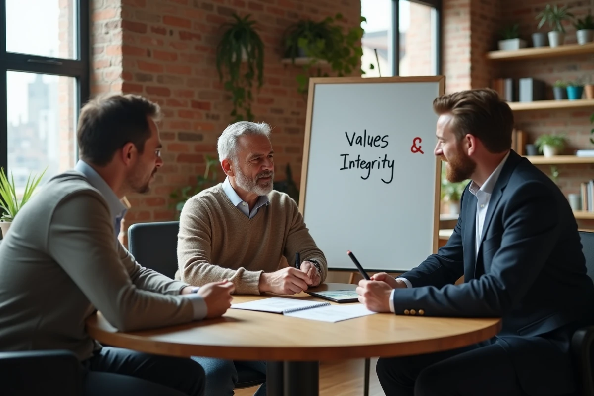 Groupe de professionnels discutant des valeurs éthiques et de l'intégrité autour d'une table de bureau collaborative