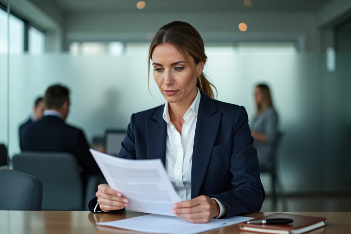 Professionnelle en blazer marine examinant un document de code de conduite éthique en salle de réunion d'entreprise