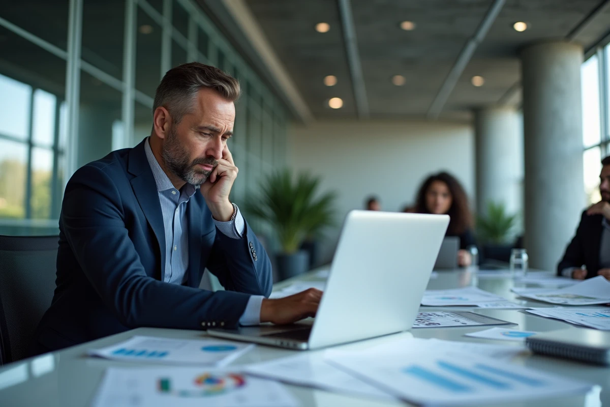 Cadre dirigeant frustré face aux défis de la digitalisation en entreprise, regardant un tableau de bord numérique complexe dans un open space moderne